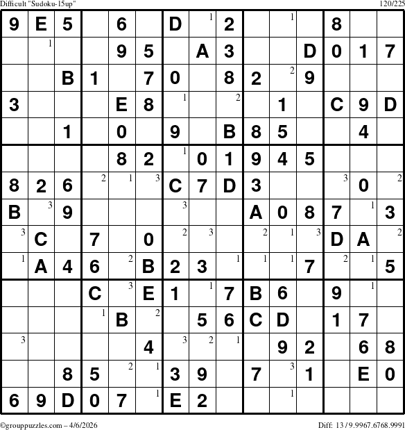 The grouppuzzles.com Difficult Sudoku-15up puzzle for Monday April 6, 2026 with the first 3 steps marked