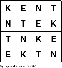 The grouppuzzles.com Answer grid for the Kent puzzle for Thursday October 9, 2025