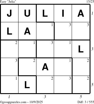 The grouppuzzles.com Easy Julia puzzle for Thursday October 9, 2025 with all 3 steps marked