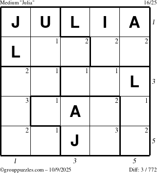 The grouppuzzles.com Medium Julia puzzle for Thursday October 9, 2025 with all 3 steps marked