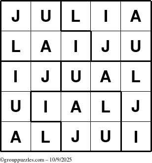 The grouppuzzles.com Answer grid for the Julia puzzle for Thursday October 9, 2025