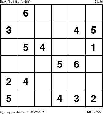 The grouppuzzles.com Easy Sudoku-Junior puzzle for Thursday October 9, 2025
