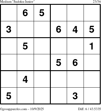 The grouppuzzles.com Medium Sudoku-Junior puzzle for Thursday October 9, 2025