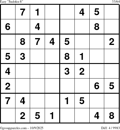 The grouppuzzles.com Easy Sudoku-8 puzzle for Thursday October 9, 2025