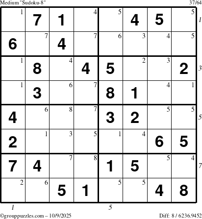The grouppuzzles.com Medium Sudoku-8 puzzle for Thursday October 9, 2025, suitable for printing, with all 8 steps marked