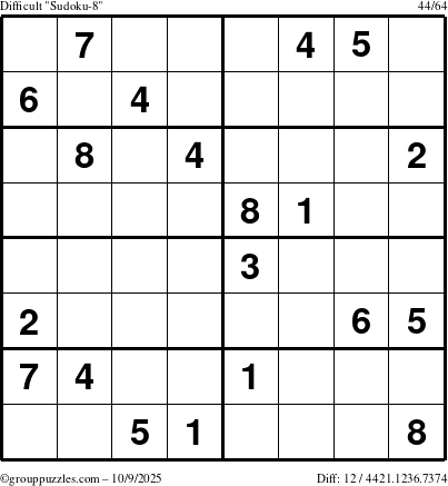 The grouppuzzles.com Difficult Sudoku-8 puzzle for Thursday October 9, 2025