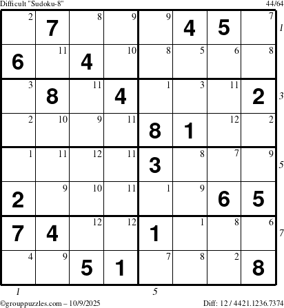 The grouppuzzles.com Difficult Sudoku-8 puzzle for Thursday October 9, 2025 with all 12 steps marked