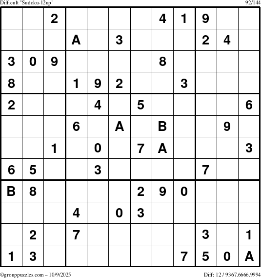 The grouppuzzles.com Difficult Sudoku-12up puzzle for Thursday October 9, 2025