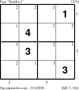 The grouppuzzles.com Easy Sudoku-4 puzzle for Saturday March 14, 2026, suitable for printing, with all 3 steps marked