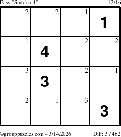 The grouppuzzles.com Easy Sudoku-4 puzzle for Saturday March 14, 2026 with the first 3 steps marked