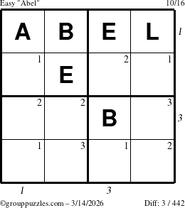 The grouppuzzles.com Easy Abel puzzle for Saturday March 14, 2026 with all 3 steps marked
