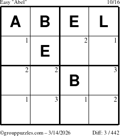 The grouppuzzles.com Easy Abel puzzle for Saturday March 14, 2026 with the first 3 steps marked