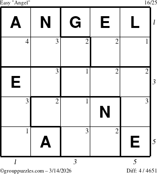The grouppuzzles.com Easy Angel puzzle for Saturday March 14, 2026 with all 4 steps marked