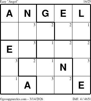 The grouppuzzles.com Easy Angel puzzle for Saturday March 14, 2026 with the first 3 steps marked