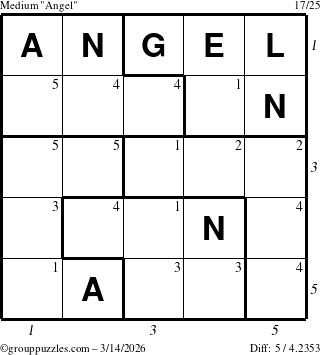 The grouppuzzles.com Medium Angel puzzle for Saturday March 14, 2026 with all 5 steps marked