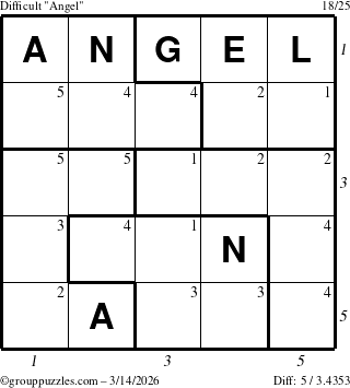 The grouppuzzles.com Difficult Angel puzzle for Saturday March 14, 2026, suitable for printing, with all 5 steps marked
