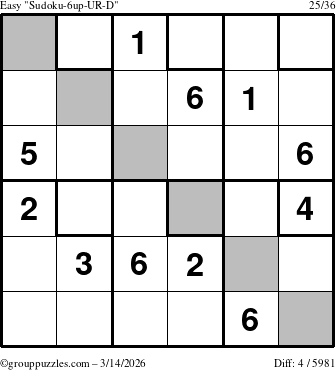 The grouppuzzles.com Easy Sudoku-6up-UR-D puzzle for Saturday March 14, 2026