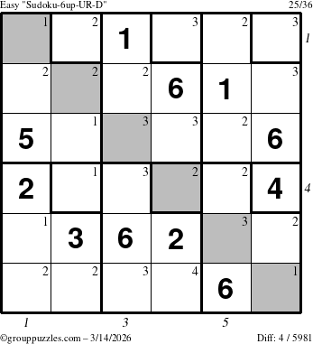 The grouppuzzles.com Easy Sudoku-6up-UR-D puzzle for Saturday March 14, 2026 with all 4 steps marked
