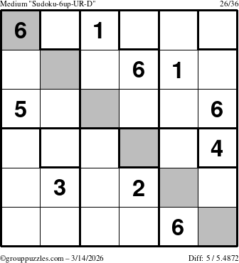 The grouppuzzles.com Medium Sudoku-6up-UR-D puzzle for Saturday March 14, 2026