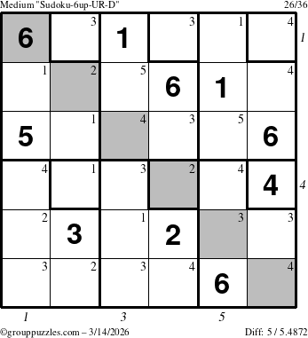 The grouppuzzles.com Medium Sudoku-6up-UR-D puzzle for Saturday March 14, 2026 with all 5 steps marked
