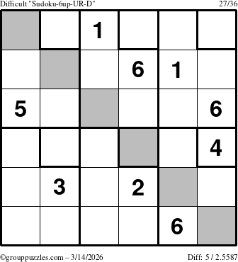 The grouppuzzles.com Difficult Sudoku-6up-UR-D puzzle for Saturday March 14, 2026