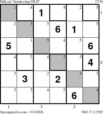 The grouppuzzles.com Difficult Sudoku-6up-UR-D puzzle for Saturday March 14, 2026, suitable for printing, with all 5 steps marked