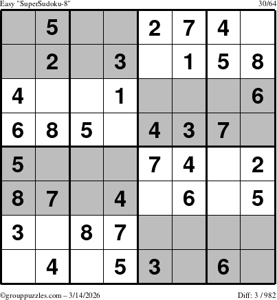The grouppuzzles.com Easy SuperSudoku-8 puzzle for Saturday March 14, 2026