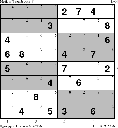 The grouppuzzles.com Medium SuperSudoku-8 puzzle for Saturday March 14, 2026 with all 8 steps marked