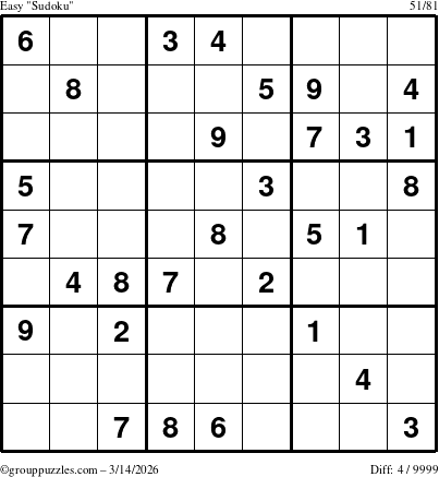 The grouppuzzles.com Easy Sudoku puzzle for Saturday March 14, 2026