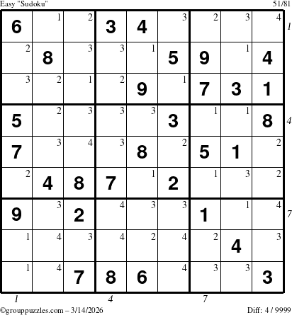 The grouppuzzles.com Easy Sudoku puzzle for Saturday March 14, 2026, suitable for printing, with all 4 steps marked