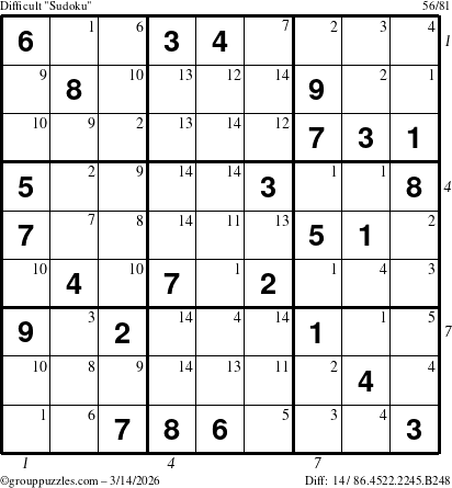 The grouppuzzles.com Difficult Sudoku puzzle for Saturday March 14, 2026 with all 14 steps marked