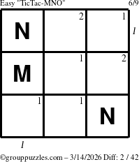 The grouppuzzles.com Easy TicTac-MNO puzzle for Saturday March 14, 2026 with all 2 steps marked