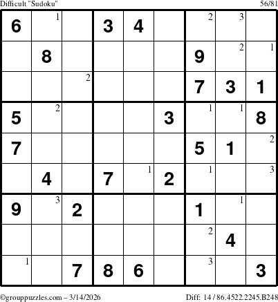 The grouppuzzles.com Difficult Sudoku puzzle for Saturday March 14, 2026 with the first 3 steps marked