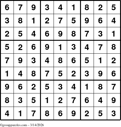 The grouppuzzles.com Answer grid for the Sudoku puzzle for Saturday March 14, 2026