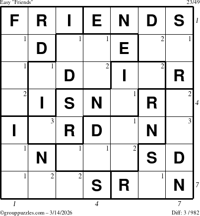 The grouppuzzles.com Easy Friends puzzle for Saturday March 14, 2026 with all 3 steps marked