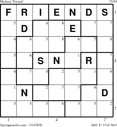 The grouppuzzles.com Medium Friends puzzle for Saturday March 14, 2026, suitable for printing, with all 8 steps marked
