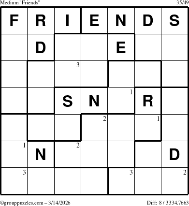 The grouppuzzles.com Medium Friends puzzle for Saturday March 14, 2026 with the first 3 steps marked