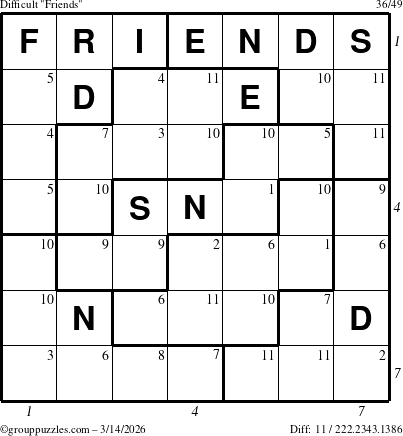 The grouppuzzles.com Difficult Friends puzzle for Saturday March 14, 2026 with all 11 steps marked