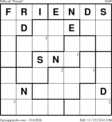 The grouppuzzles.com Difficult Friends puzzle for Saturday March 14, 2026 with the first 3 steps marked