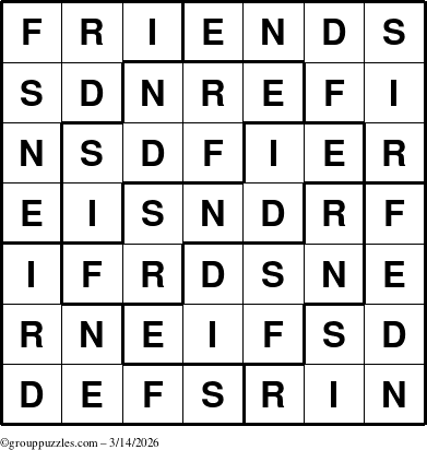 The grouppuzzles.com Answer grid for the Friends puzzle for Saturday March 14, 2026