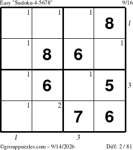 The grouppuzzles.com Easy Sudoku-4-5678 puzzle for Monday September 14, 2026 with all 2 steps marked