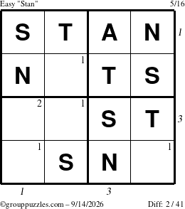 The grouppuzzles.com Easy Stan puzzle for Monday September 14, 2026, suitable for printing, with all 2 steps marked