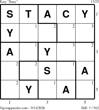 The grouppuzzles.com Easy Stacy puzzle for Monday September 14, 2026 with all 3 steps marked