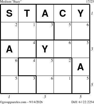 The grouppuzzles.com Medium Stacy puzzle for Monday September 14, 2026 with all 6 steps marked