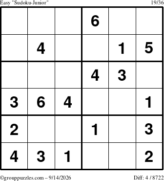 The grouppuzzles.com Easy Sudoku-Junior puzzle for Monday September 14, 2026