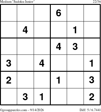 The grouppuzzles.com Medium Sudoku-Junior puzzle for Monday September 14, 2026