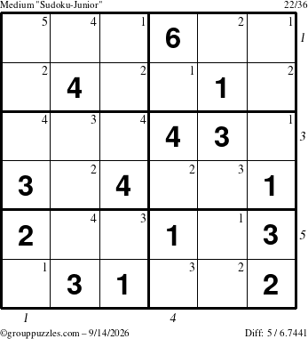 The grouppuzzles.com Medium Sudoku-Junior puzzle for Monday September 14, 2026 with all 5 steps marked
