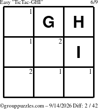 The grouppuzzles.com Easy TicTac-GHI puzzle for Monday September 14, 2026 with the first 2 steps marked