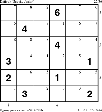 The grouppuzzles.com Difficult Sudoku-Junior puzzle for Monday September 14, 2026 with all 8 steps marked