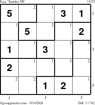 The grouppuzzles.com Easy Sudoku-5B puzzle for Monday September 14, 2026, suitable for printing, with all 3 steps marked